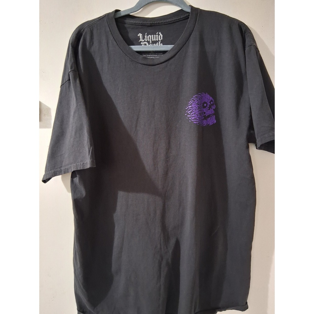 Liquid Death Mens XL Black GraphicT-Shirt Purple Wolf Skull Antlers Short Sleeve